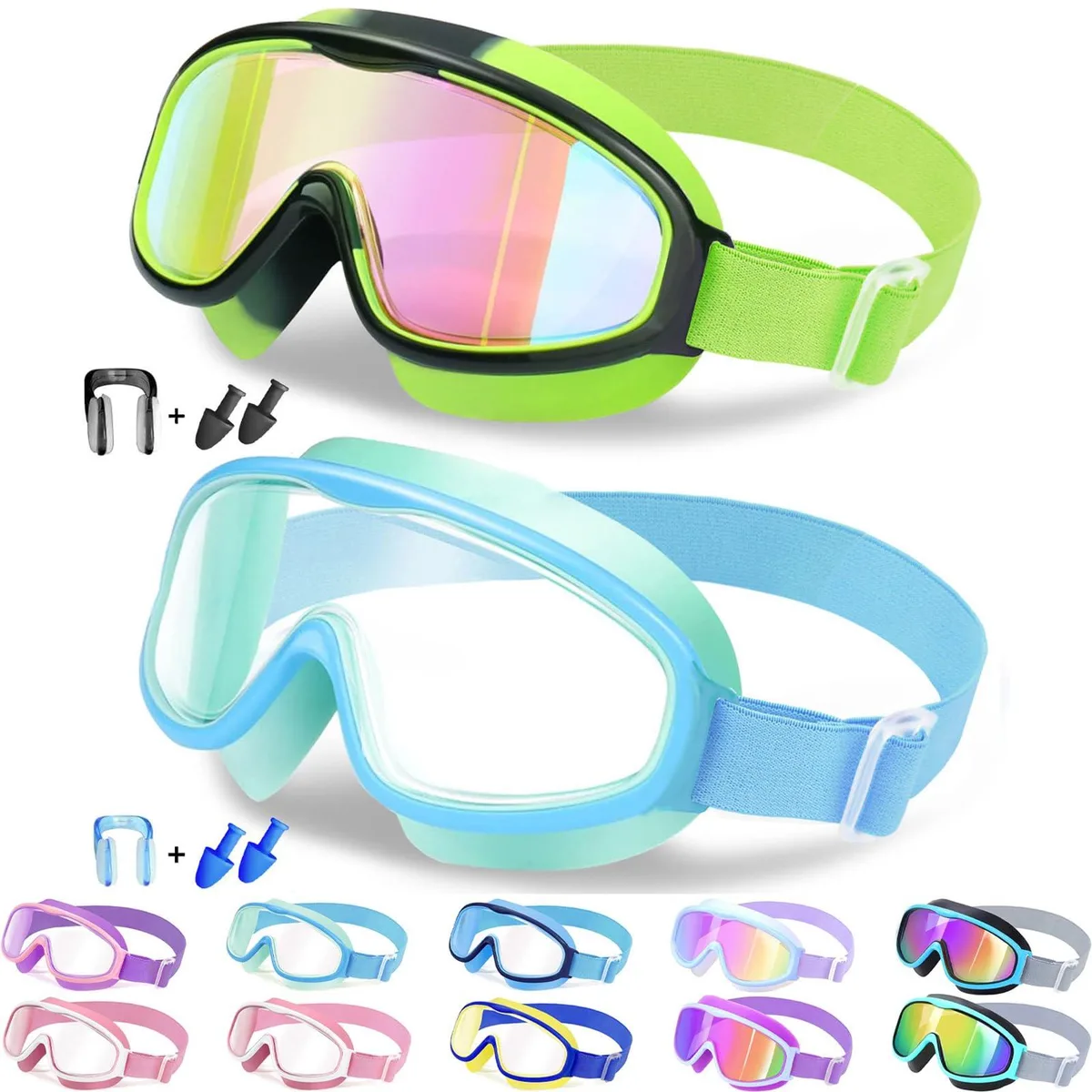 Two blue kids swim goggles with wide fabric straps and soft silicone frames