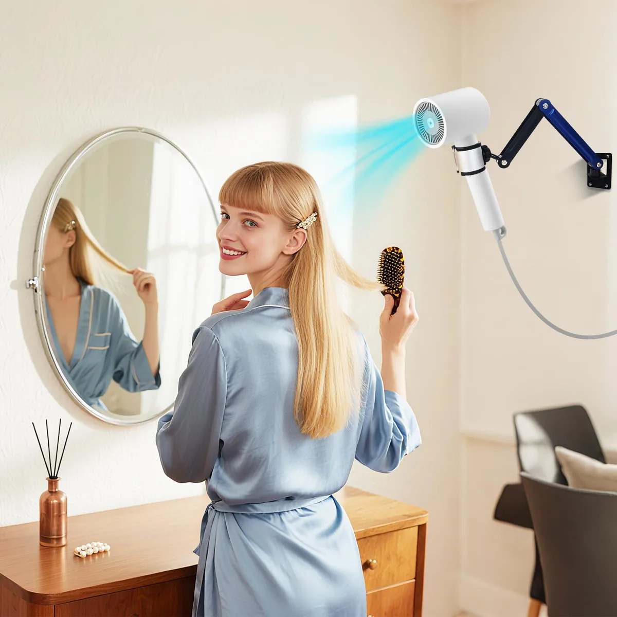 Hands Free Hair Dryer Holder Adjustable Angle Wall Mounted Blow Dryer Stand Universal Clip — product photo