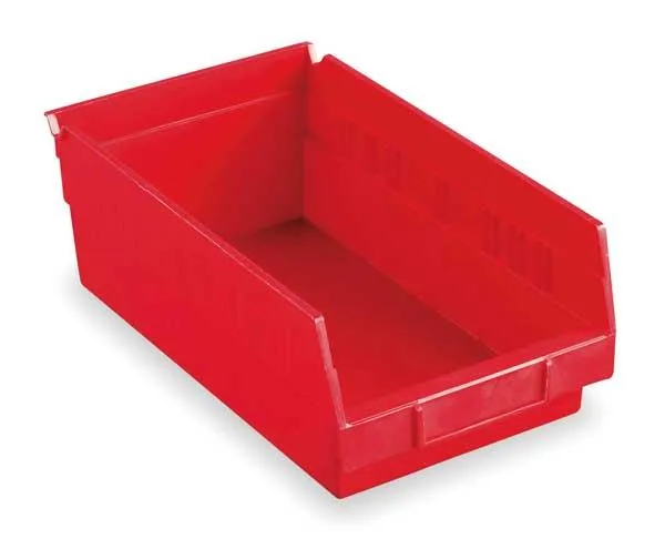 Red plastic shelf bin with molded label area and hangable design