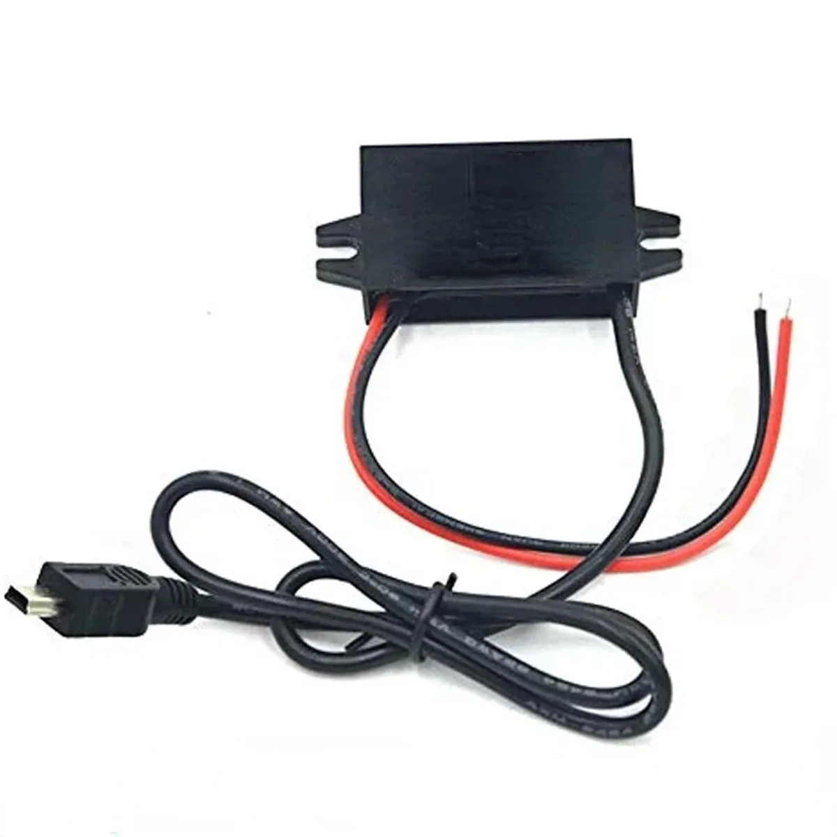 Small black rectangular DC-DC converter with short input leads and a USB-A output socket, sealed to IP68