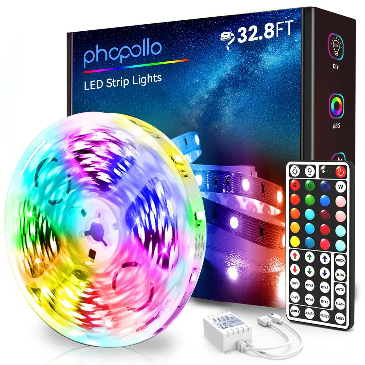 A 32.8 ft red LED strip on a blue wire with a 44-key IR remote and 12 V power supply