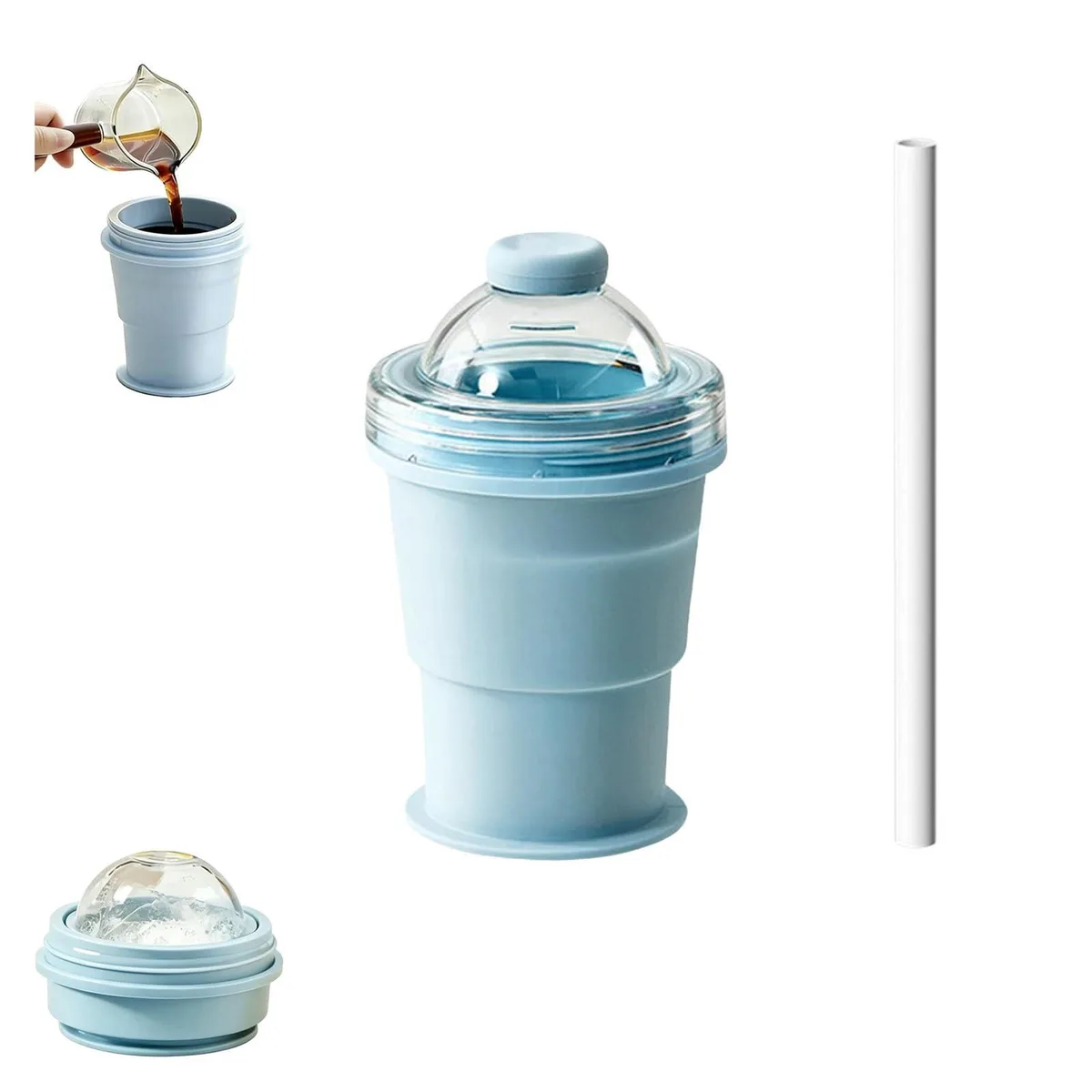 Blue collapsible silicone cup and ice ball mold with straw and lid