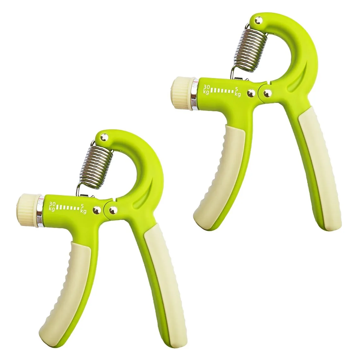 Two green adjustable hand grips with rubber handles and metal springs, sold as a pair