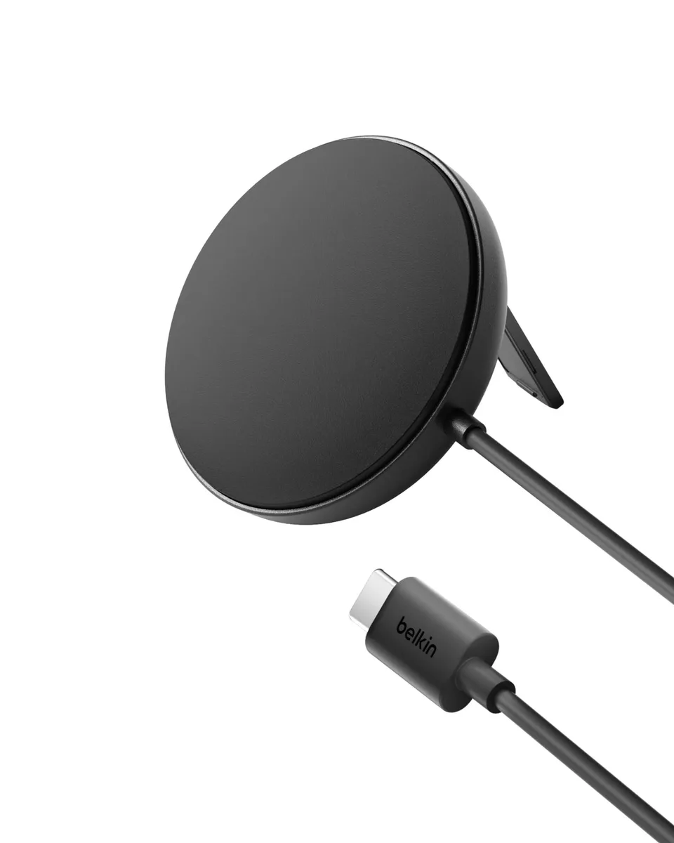 Black circular Qi2 wireless charging pad with pop-up kickstand and 6.6ft USB-C cable