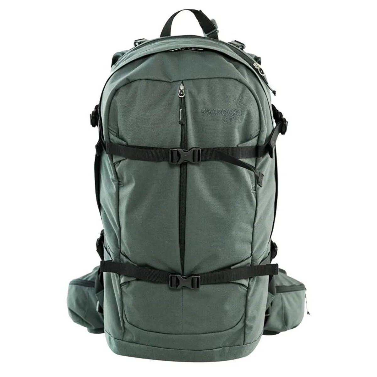 Green 30L outdoor backpack with external tripod mount and binocular attachment