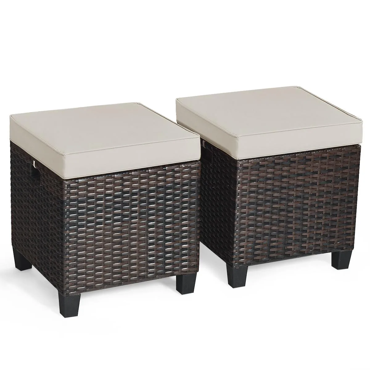 SlickBlue SlickBlue 2 Piece Patio Rattan Ottoman Set Beige 16x16x18 2.5in Cushion 15lb 375lb Capacity — product photo