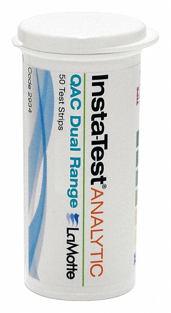 Box of 50 test strips, 3in long, dual range QAC color chart included