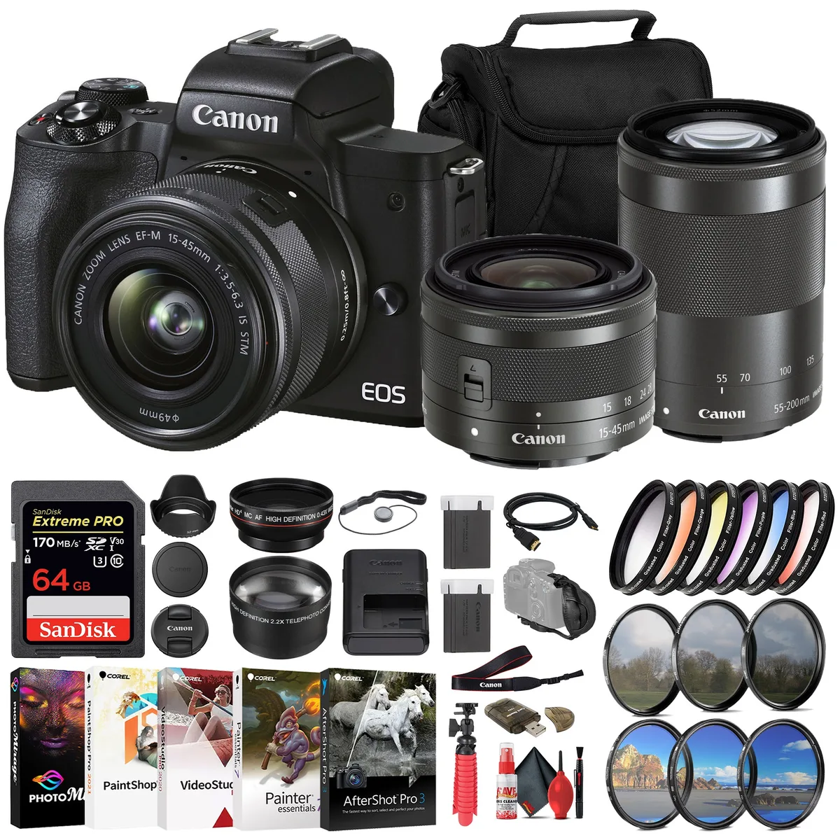 Canon Canon EOS M50 Mark II 15-45mm 55-200mm 64GB Graphic Bundle — product photo