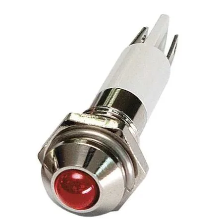 Small round red indicator light with chrome bezel and quick-disconnect terminals