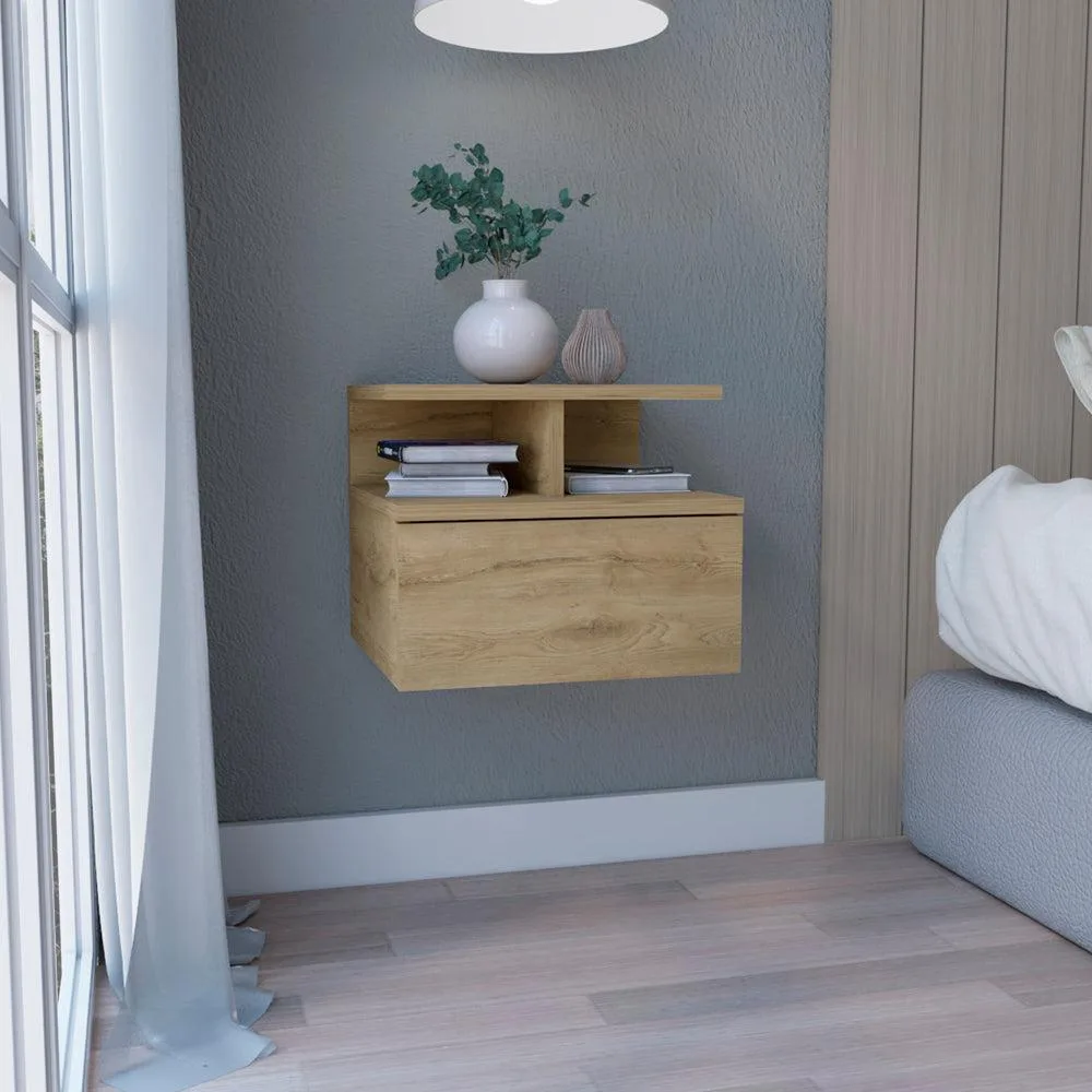 Wall-mounted beige particle-board nightstand with single drawer and two-tier shelf