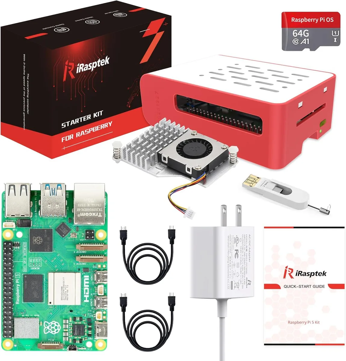 BFKK BFKK Raspberry Pi 5 Starter Kit 4GB RAM 64GB OS Red White Case Active Cooler 27W PSU — product photo