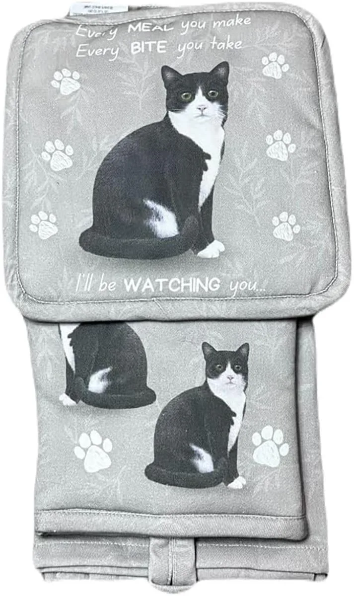Three-piece kitchen set with black and white cat print: oven mitt, pot holder, towel
