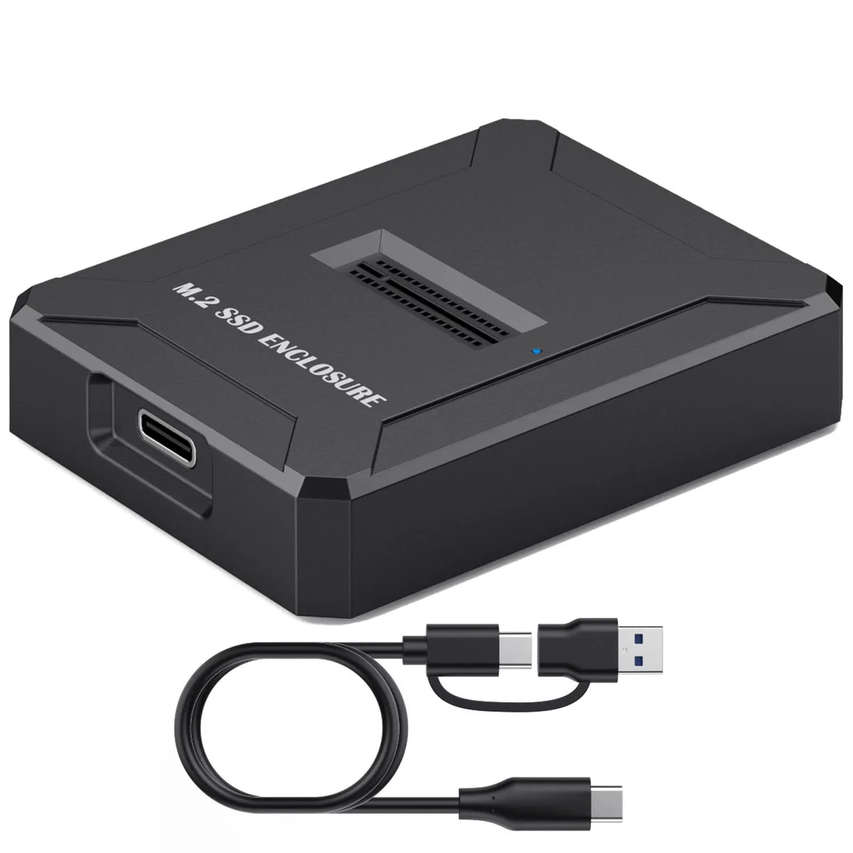 Rectangular black ABS enclosure with built-in fan, USB-C port, and tool-free M.2 slot