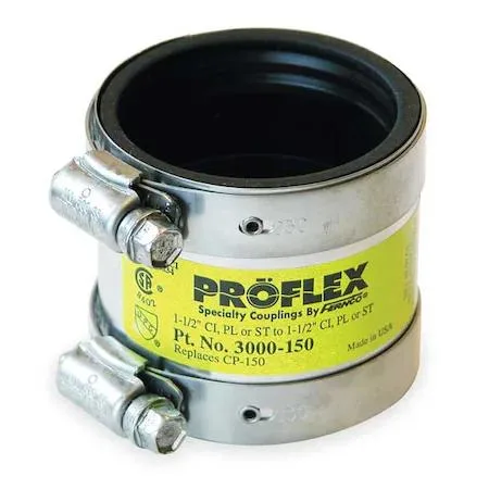 Black elastomeric PVC shielded coupling with stainless steel clamps and shear ring, 1-1/2 inch size