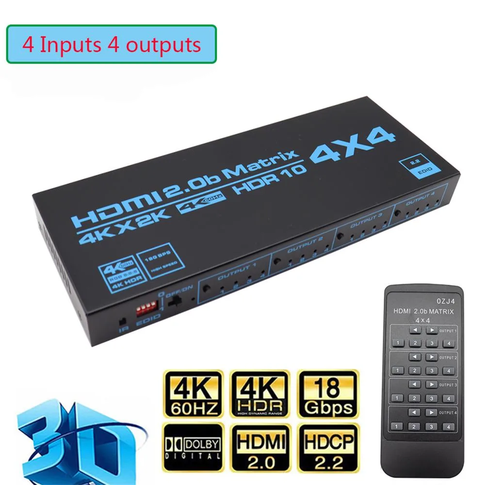 Black rectangular 4x4 HDMI matrix switch with front IR sensor
