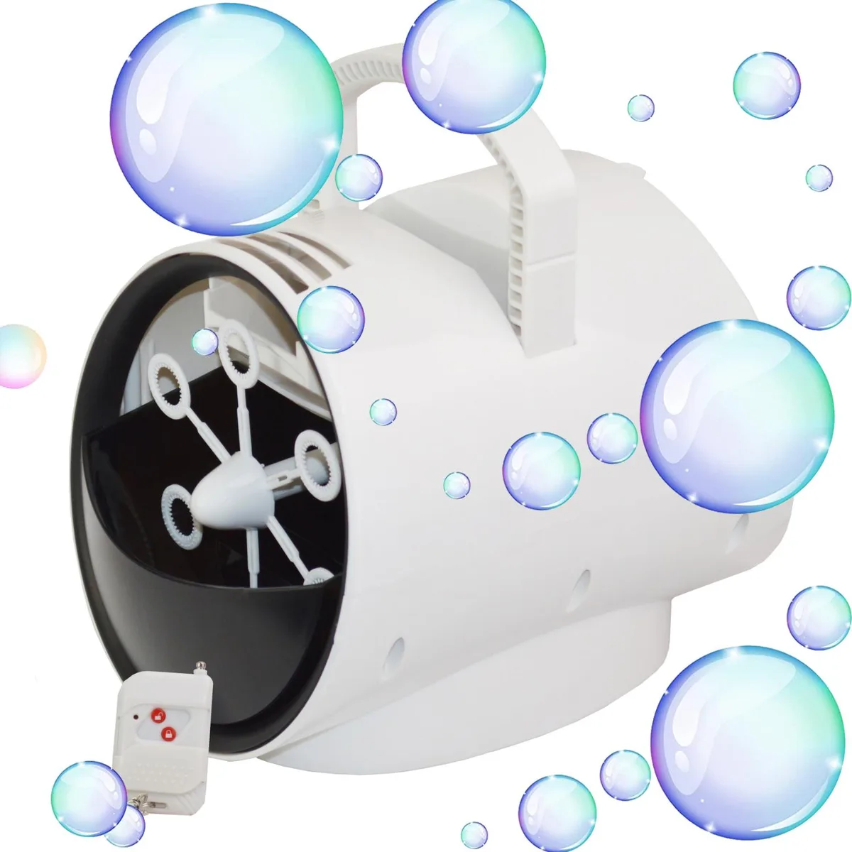 White rectangular bubble machine with carry handle and six spinning wands