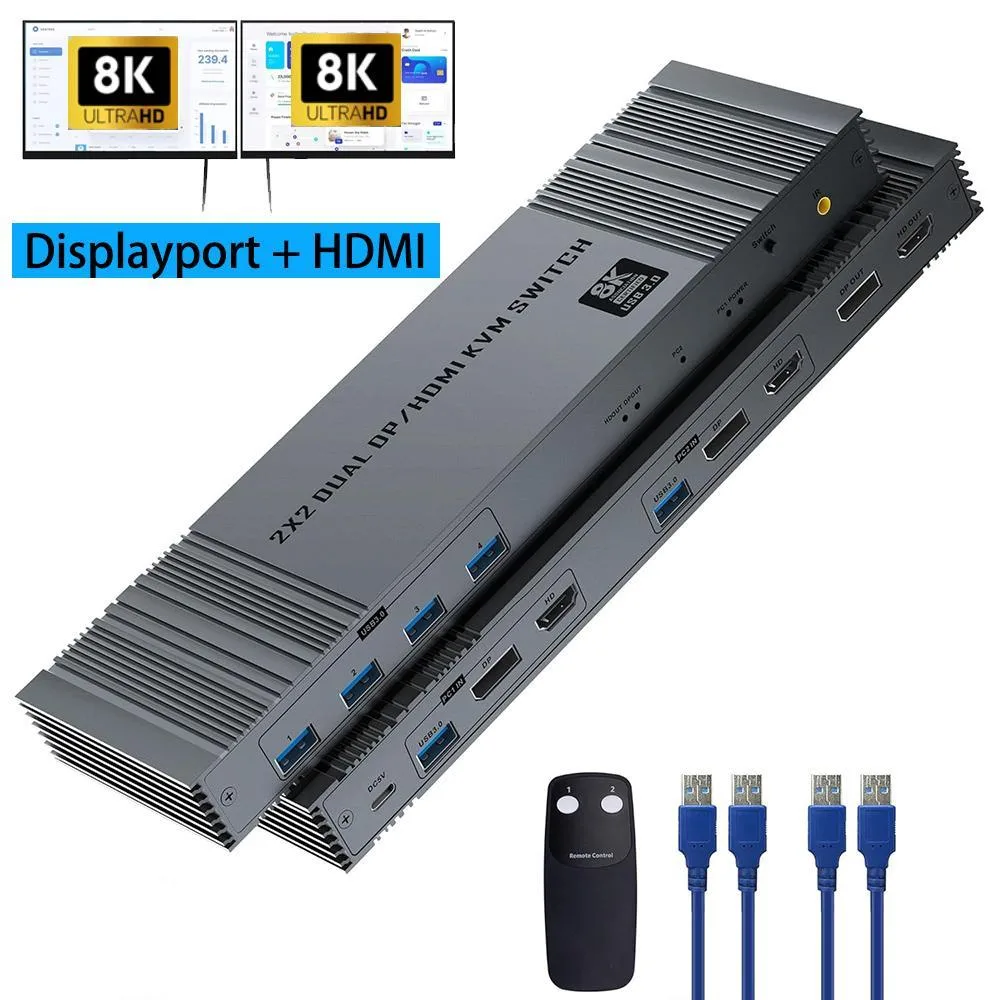 WRIARICH WRIARICH 2×2 HDMI 2.1 DP 1.4 KVM Switch 8K60 4K120 4 USB 3.0 — product photo