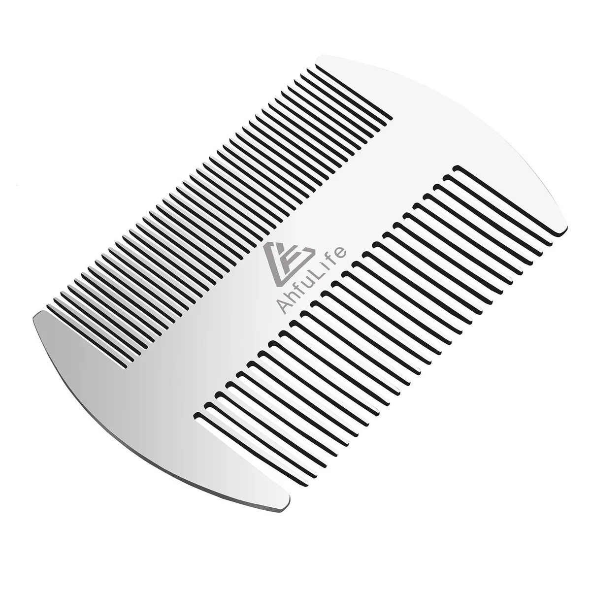 Credit-card-sized stainless steel comb with dual-width teeth and gift box