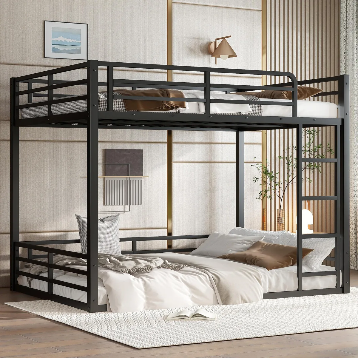 Black metal bunk bed, full XL over full XL, low floor design, full-length guardrails, matte finish