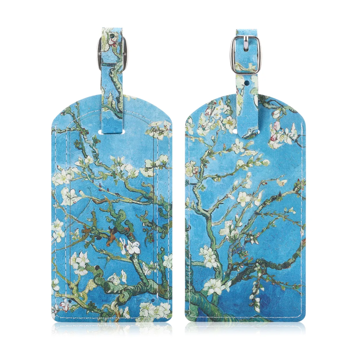 Two blossom PU leather luggage tags with privacy flaps and steel buckle straps