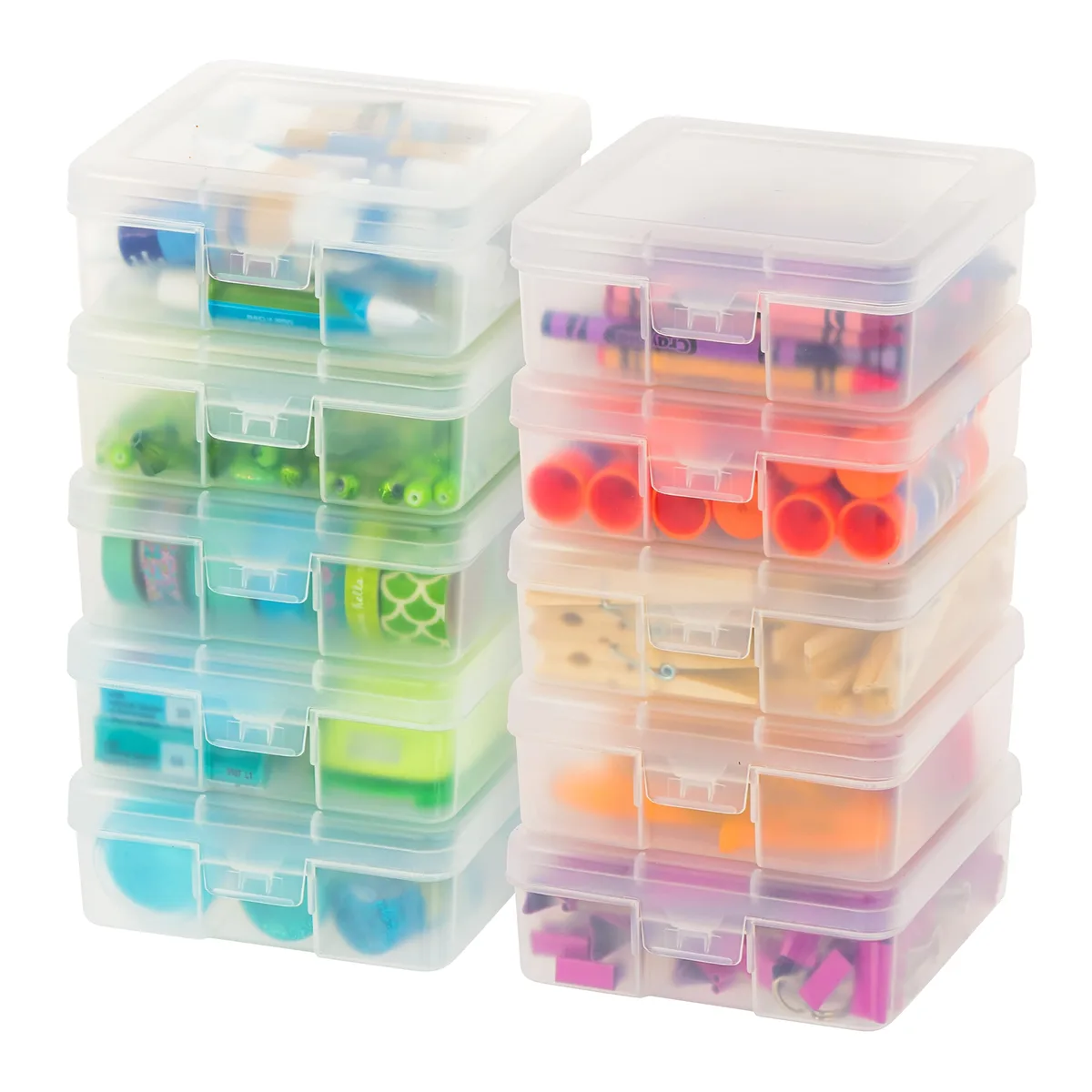 Ten clear square plastic boxes with snap lids in a row