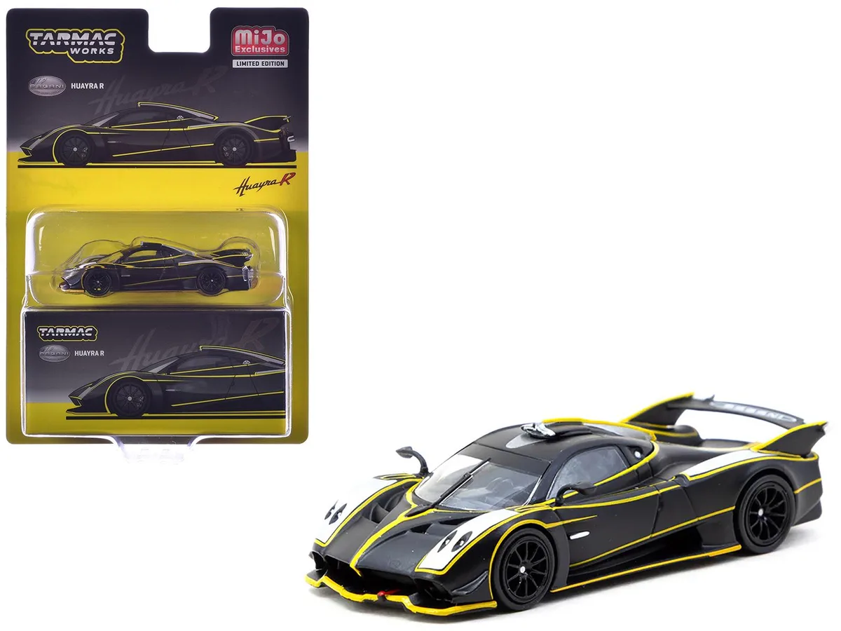 Tarmac Works Tarmac Works Pagani Huayra R Matt Black Silver Yellow Stripes Global64 1/64 Diecast Hobby Collectible — product photo