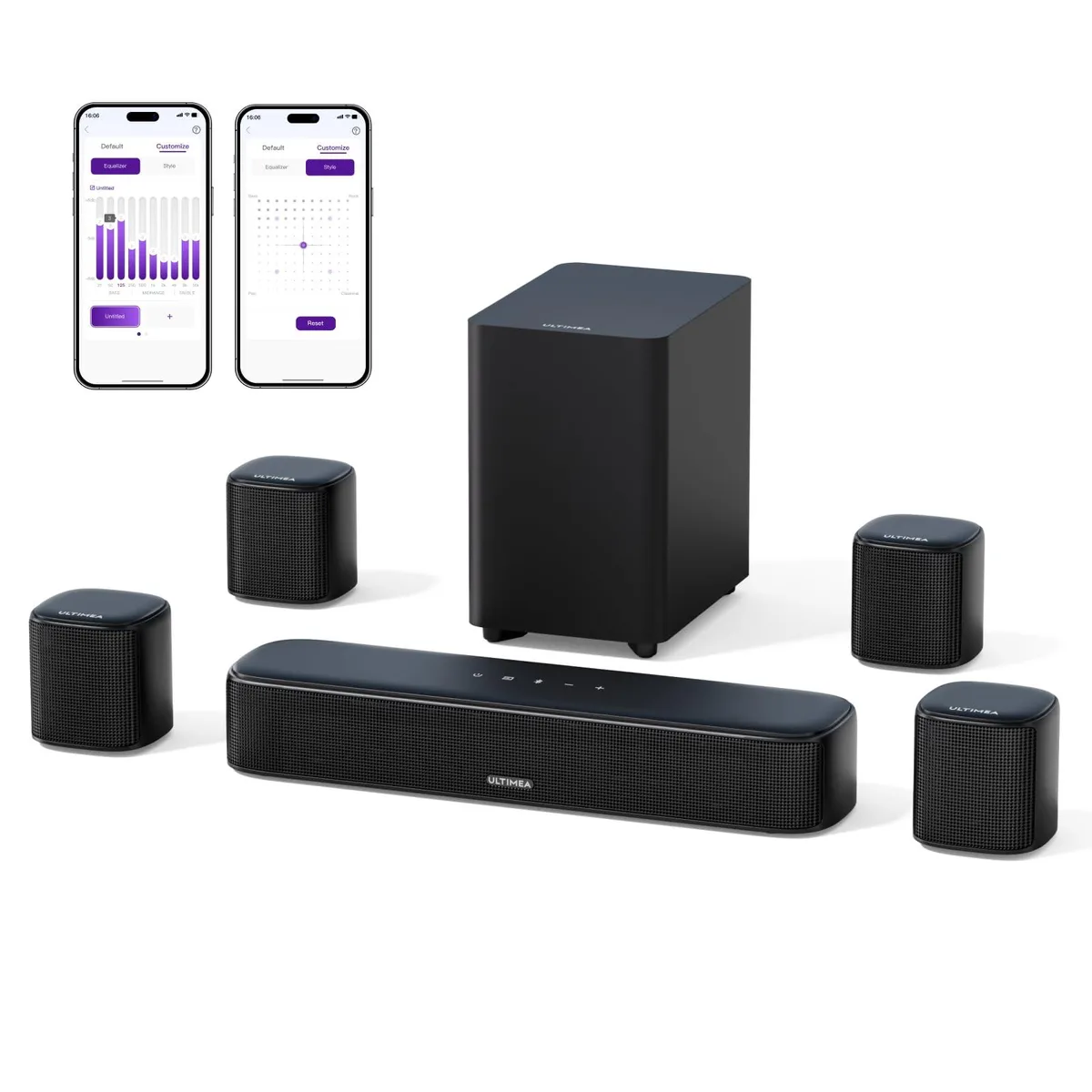 Black soundbar with subwoofer and four surround speakers