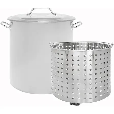 Large stainless steel stock pot with lid and steamer basket, 100 quart capacity