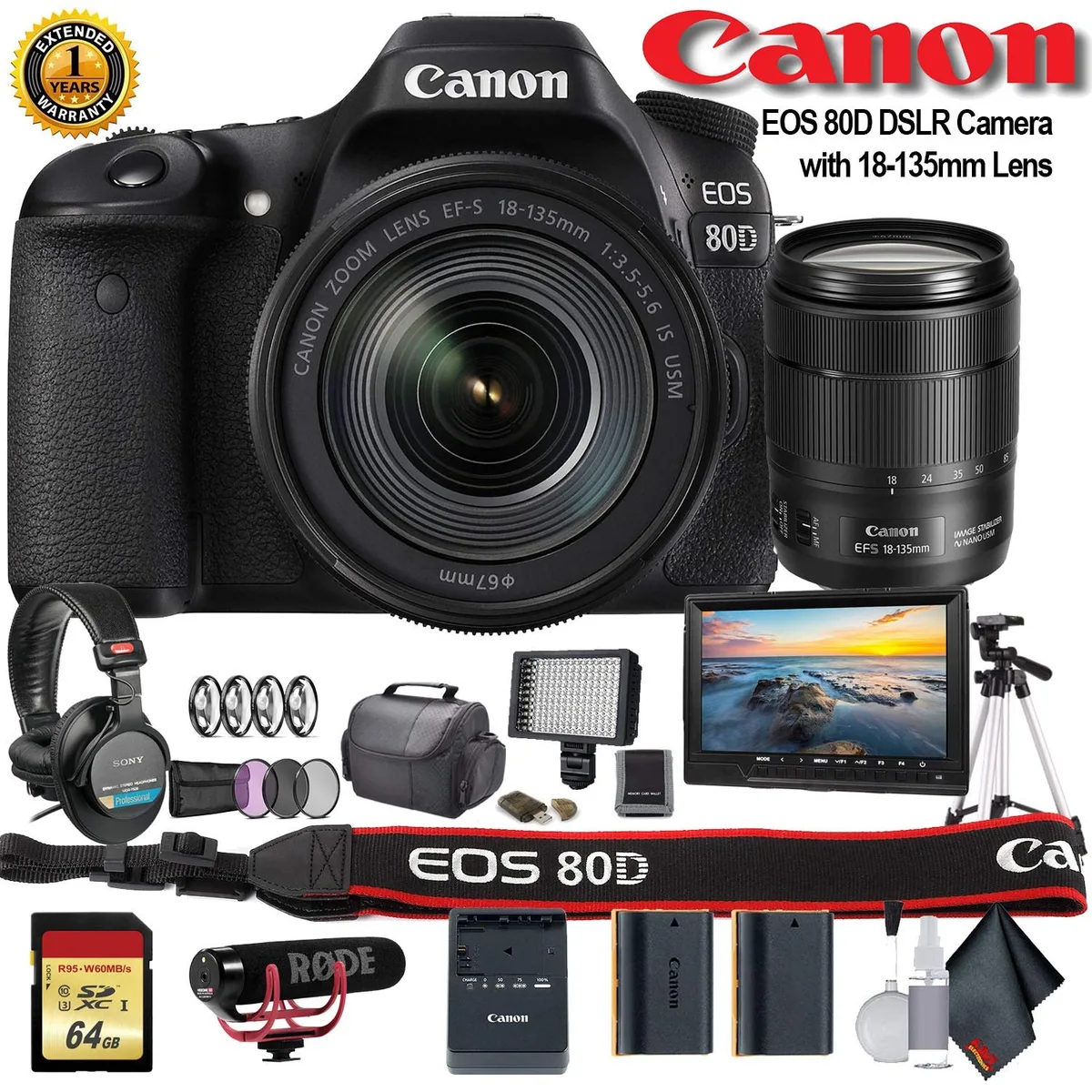 Canon Canon EOS 80D 24.2MP DSLR Camera 18-135mm Lens Professional Bundle — product photo