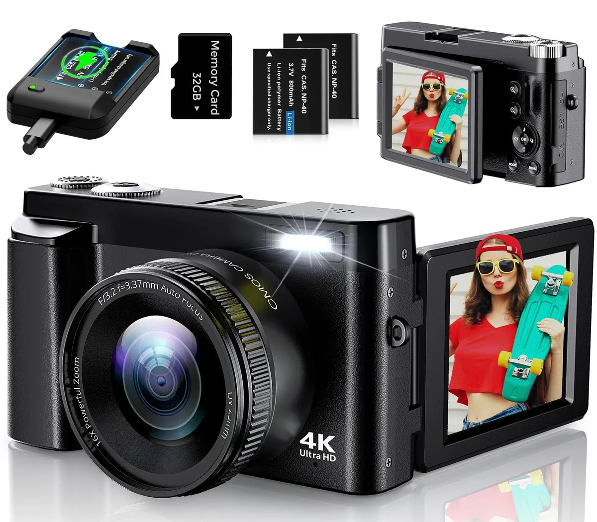 JGIPL DC101 48MP 4K Compact Camera 16x Zoom 3.0" 180° Flip Screen 32GB Card Black — product photo
