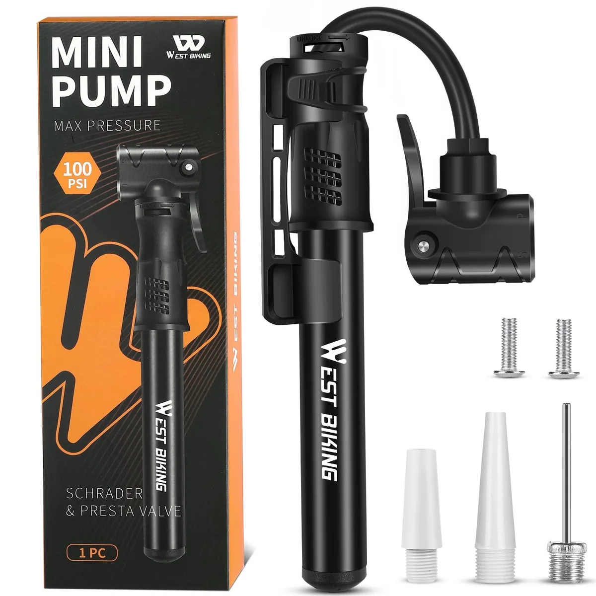 Black aluminium mini bike pump, 22.5 cm long with hidden flexible hose and frame bracket