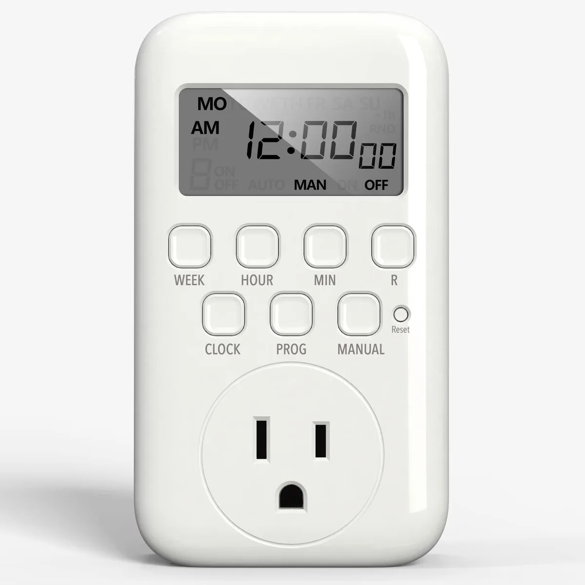 White rectangular digital timer with LCD screen and grounded outlet