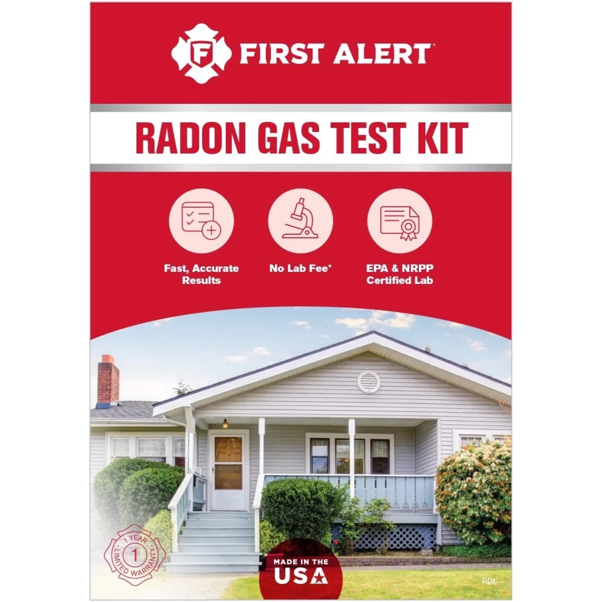 White square radon test kit box with visual display, 8.38 inches wide and 6.65 inches tall