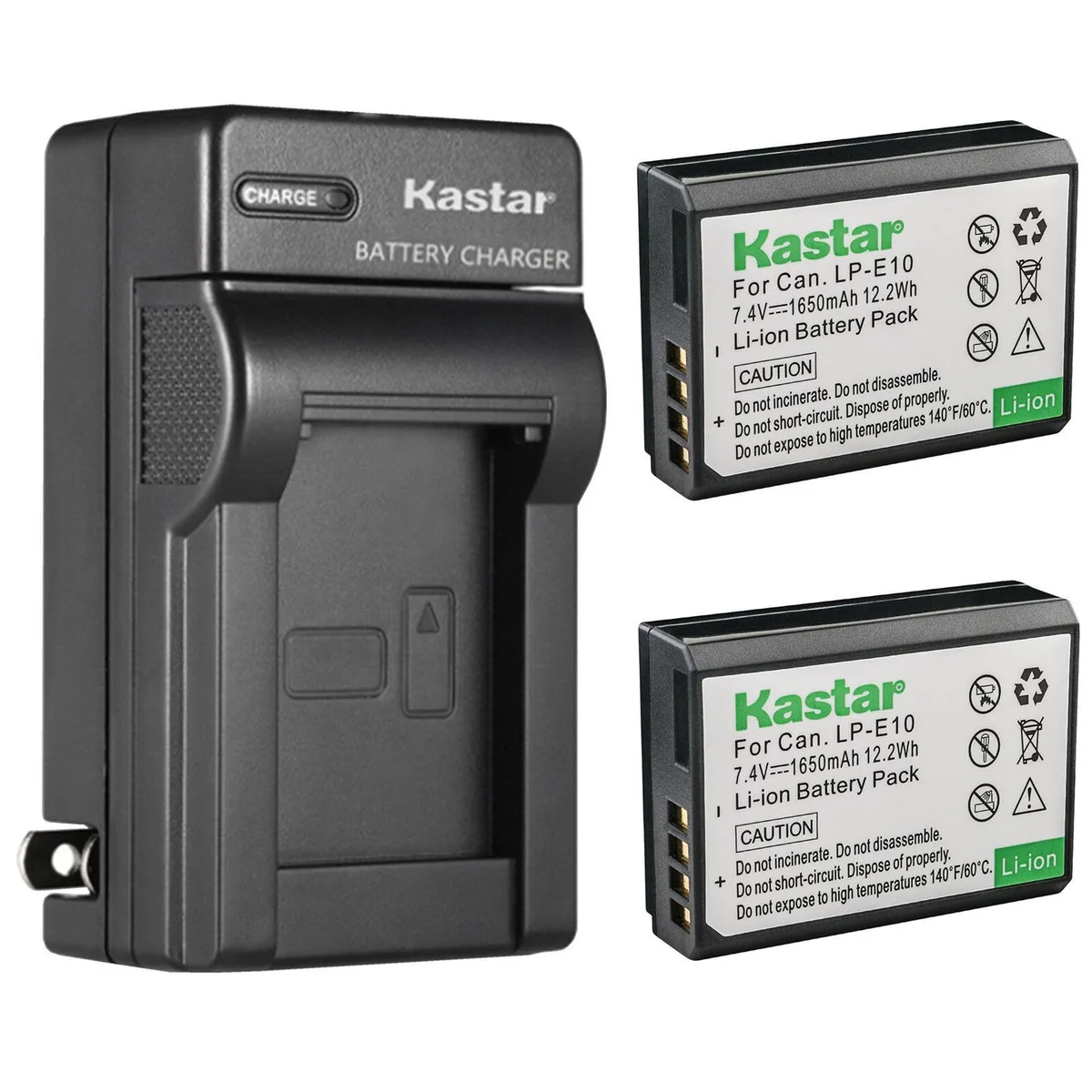 Two Canon LP-E10 batteries and foldable AC wall charger
