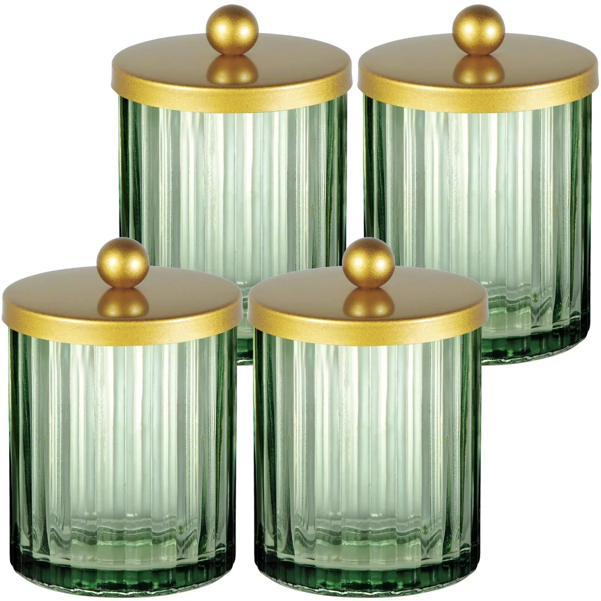 Four sage green glass apothecary jars with gold lids