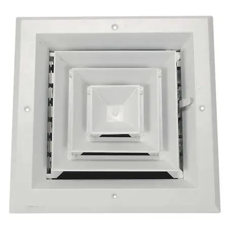 White square ceiling diffuser with multi-louver face, 11 inch frame, 360 degree airflow