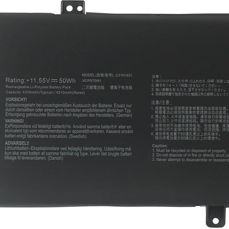 Black rectangular lithium-polymer laptop battery, model C31N1831