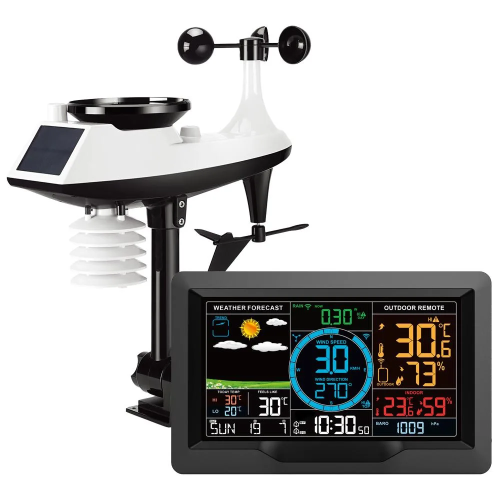 Black rectangular weather station console with outdoor sensor array for wind and rain measurement