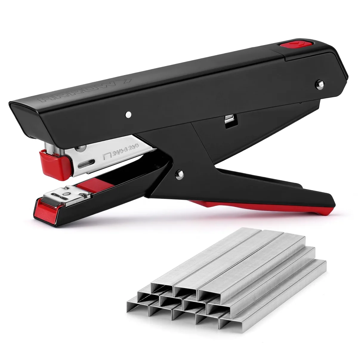 Black metal plier stapler with red loading button and silicone grip, includes 2520 staples