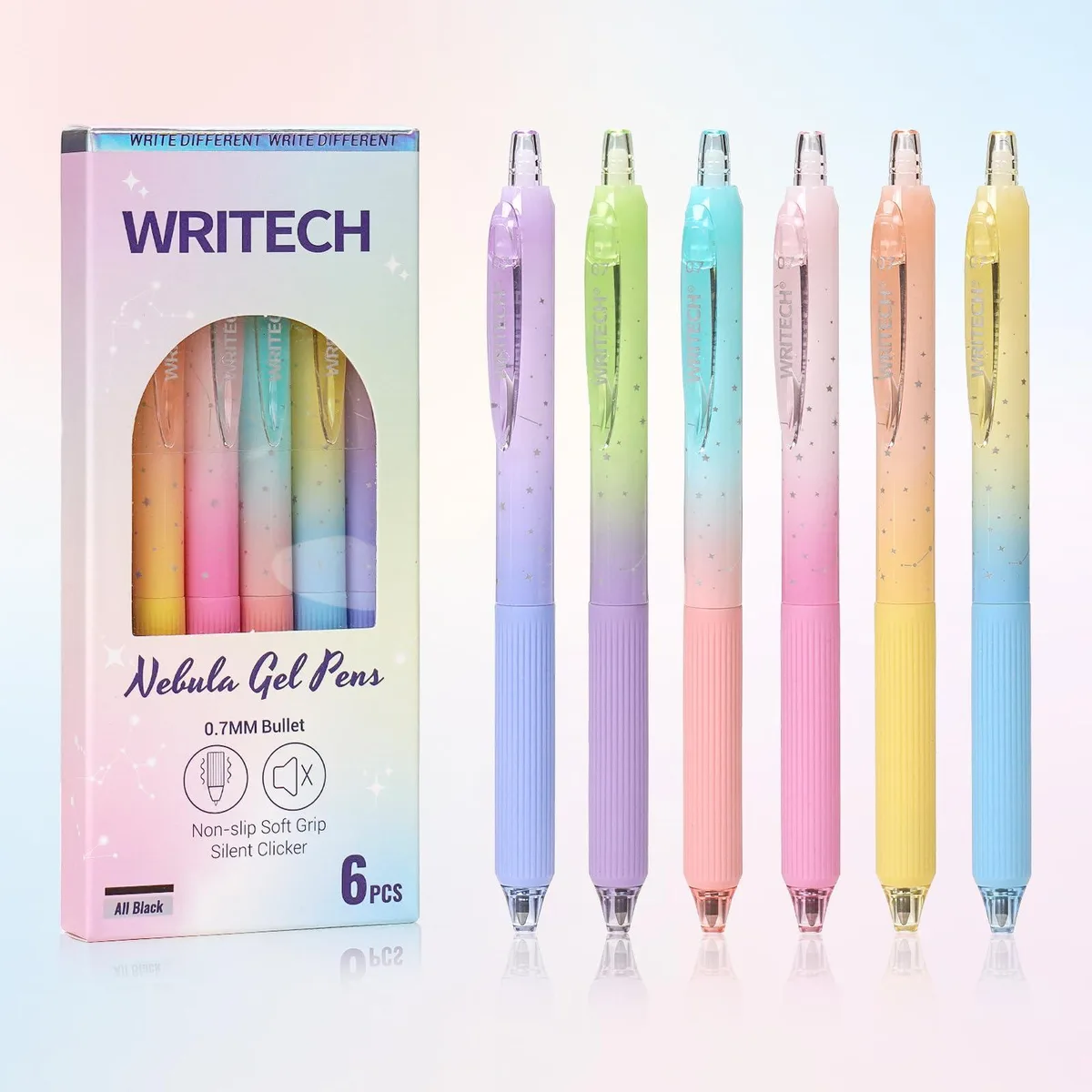 Six retractable gel pens with gradient barrels and silicone grips