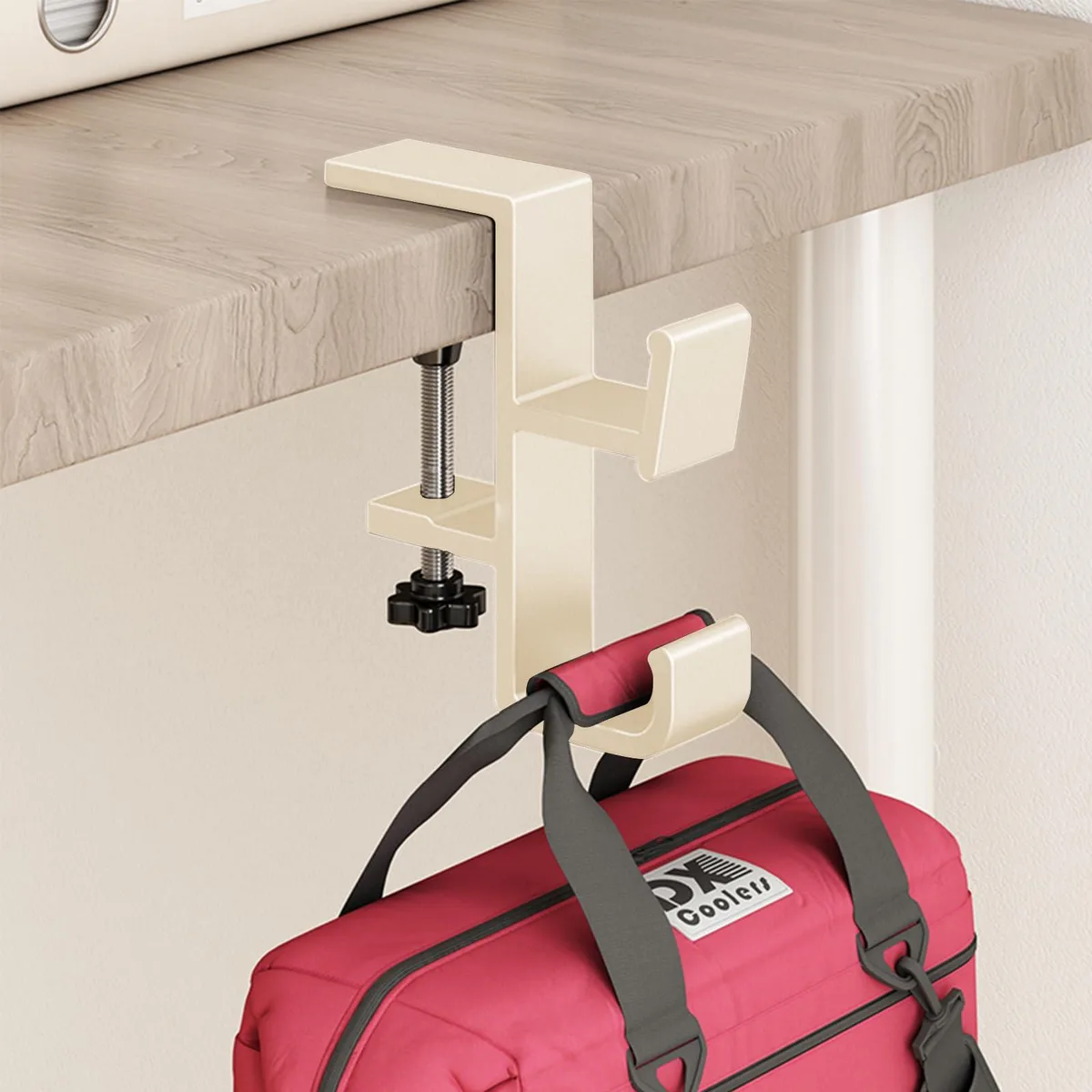 Cream aluminium desk hook with two adjustable arms and protective sponge pad