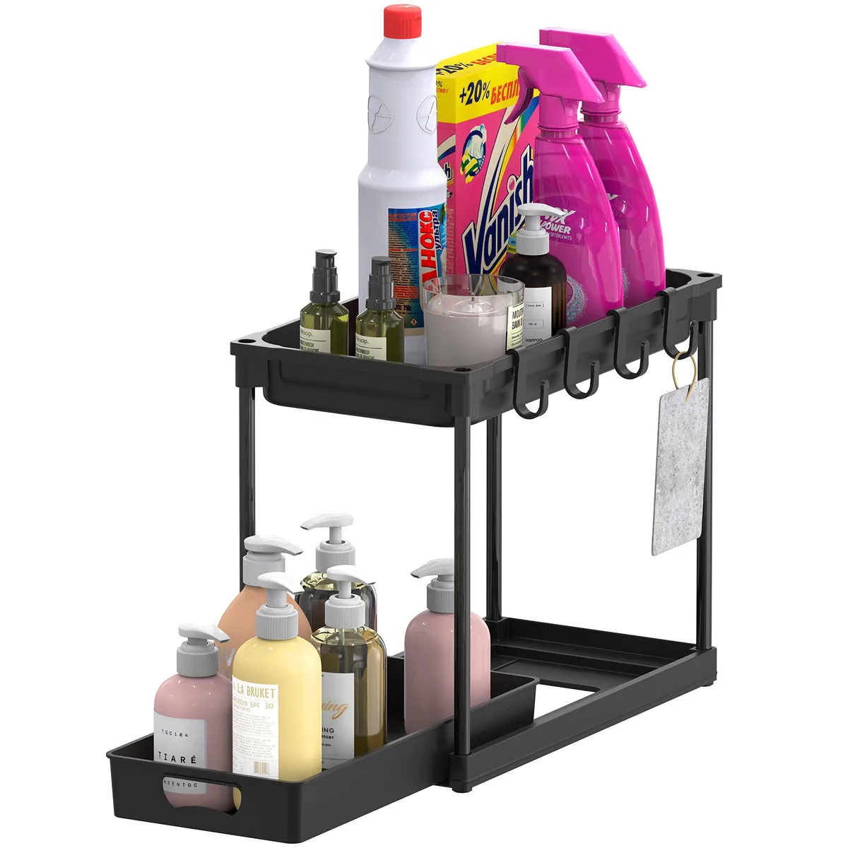 Black two-tier metal shelf unit with wire baskets and side hooks, 16.1 by 8.6 by 13.4 inches