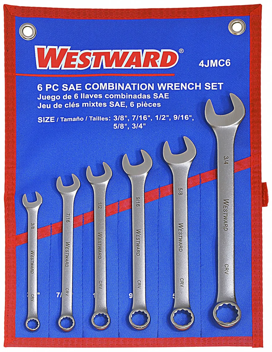Ten-piece combination wrench set in chrome finish with tool roll