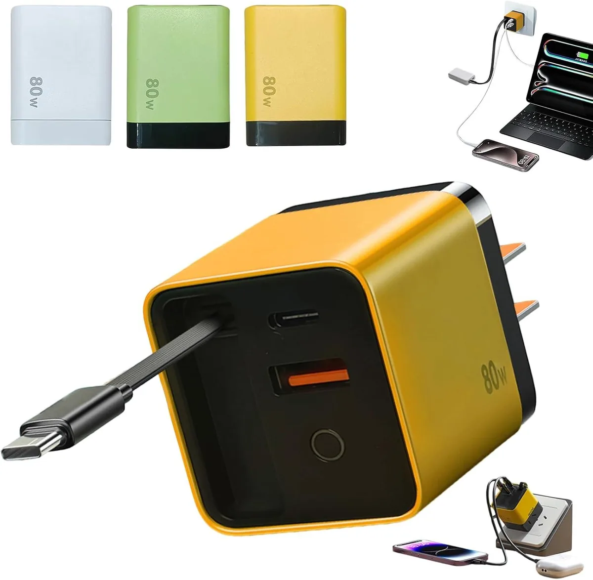 ONITOON ONITOON 80W 3-in-1 Wall Charger Retractable Cable Yellow — product photo