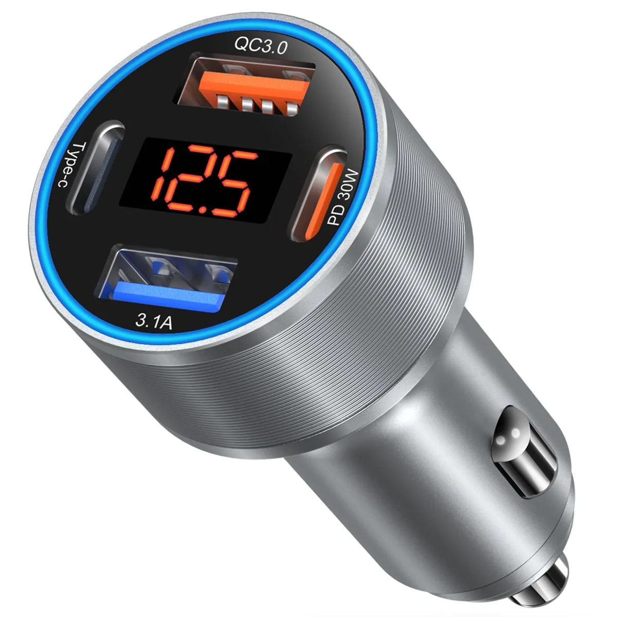 WRIARICH WRIARICH 65W Car Charger USB C Dual 12V Voltage Display PD QC 3.0 Gray — product photo