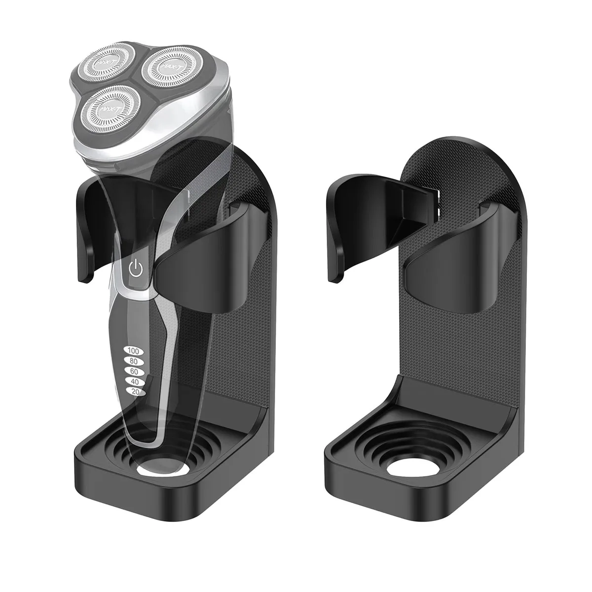 Two white ABS plastic wall-mounted shaver holders with adjustable arms and adhesive backing