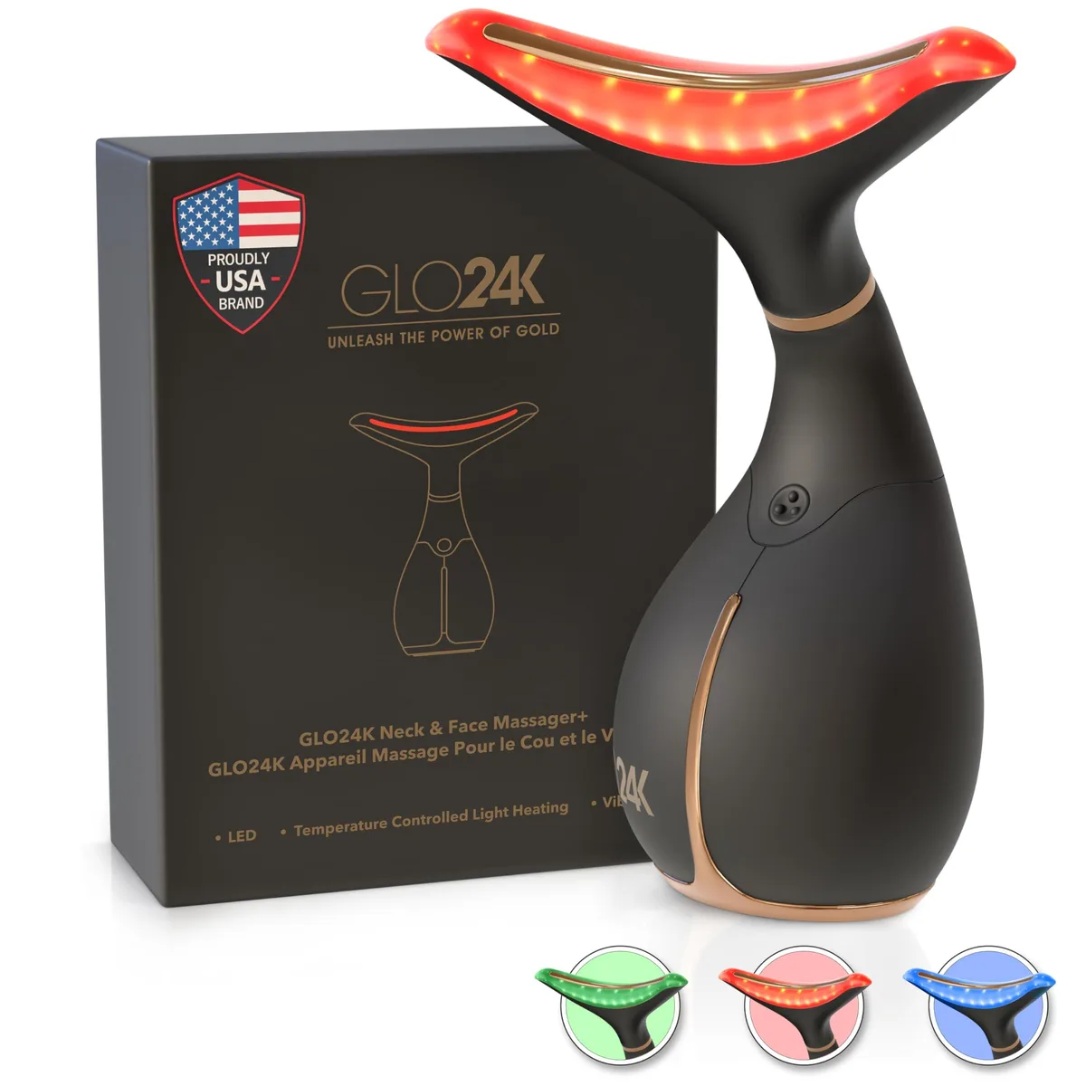 Handheld black LED face and neck massager with stainless steel head and USB-C charging