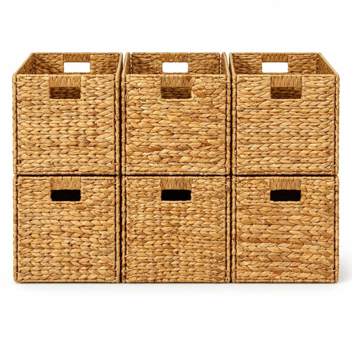 Six rectangular textured water hyacinth wicker baskets in a row