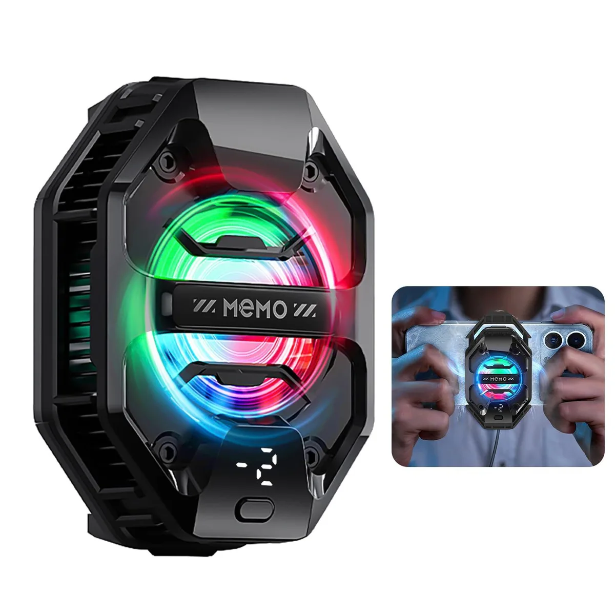 Black rectangular phone cooler with RGB lighting and spring clip, 3.36 by 2.32 by 1.69 inches