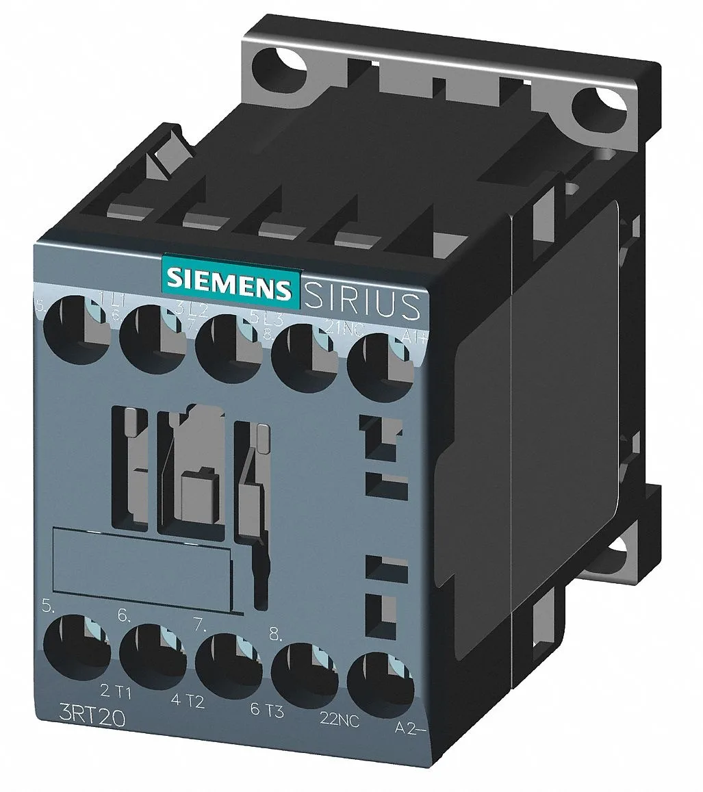 Compact grey IEC contactor with screw terminals DIN rail mount 2.4 in high 2 in wide 24V DC coil 3 pole 9A 1NC auxiliary